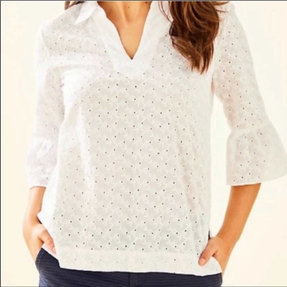 NWT Lilly Pulitzer Ginger Top in Resort White Fishy Eyelet Size XS MSRP $128